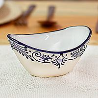 Talavera ceramic condiment bowl, 'Blue Customs' (large) - Large-Sized Talavera Ivory and Blue Ceramic Condiment Bowl