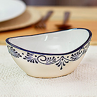 Talavera ceramic dessert bowl, 'Blue Lineage' (small) - Vine-Patterned Small-Sized Talavera Ceramic Dessert Bowl