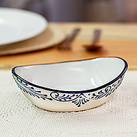 Talavera ceramic dessert bowl, 'Blue Lineage' (medium) - Vine-Themed Medium-Sized Talavera Style Ceramic Dessert Bowl