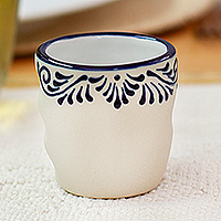 Talavera ceramic tequila cup, 'Blue Elixir' - Mexican-Made Talavera Blue and Ivory Ceramic Tequila Cup