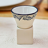 Talavera ceramic tequila cup, 'Blue Nectar' - Cone-Shaped Blue and Ivory Talavera Ceramic Tequila Cup