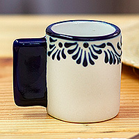 Talavera ceramic tequila cup, 'Blue Treat' - Fair Trade Talavera Style Blue and Ivory Ceramic Tequila Cup