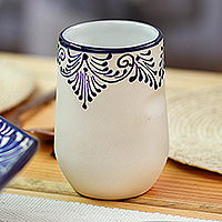 Talavera ceramic tumbler glass, 'Blue Current' - Hacienda Talavera Style Blue and Ivory Ceramic Tumbler Glass