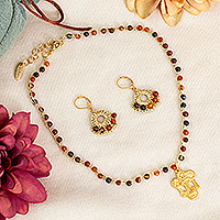 Gold-plated agate beaded jewelry set, 'Fiery Catrina' - Day of the Dead Catrina-Themed Red Agate Beaded Jewelry Set