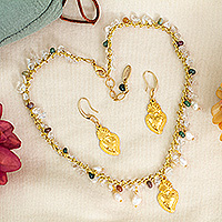 Gold-plated multi-gemstone beaded jewelry set, 'Sacred Shine' - Christian Sacred Heart-Themed Multi-Gemstone Jewelry Set