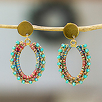 18k gold-accented crystal beaded dangle earrings, 'Island Belle' - Gold-Accented Crystal Beaded Dangle Earrings in Turquoise