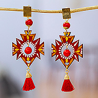 Gold-accented agate dangle earrings, 'Crimson Empress' - Maya-Inspired Red Agate Dangle Earrings with Gold Accents