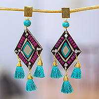 Gold-accented chandelier earrings, 'Lagoon Princess' - Folk Art Chandelier Earrings with Recon Turquoise Jewels