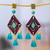 Gold-accented chandelier earrings, 'Lagoon Princess' - Folk Art Chandelier Earrings with Recon Turquoise Jewels