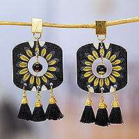 Gold-accented agate chandelier earrings, 'Royal Blossoming' - Gold-Accented Floral Black Chandelier Earrings with Tassels