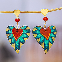 Gold-accented agate dangle earrings, 'Jungle Heart' - Nature-Inspired Hand-Painted Agate Heart Dangle Earrings