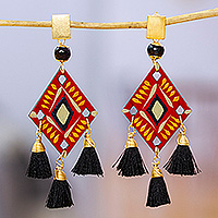 Gold-accented agate chandelier earrings, 'Fire Princess' - Fair Trade Red and Black Chandelier Earrings with Agate Gems