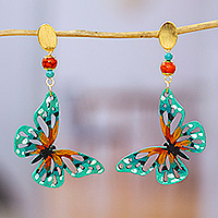 Gold-accented agate dangle earrings, 'Butterfly Whispers' - Butterfly-Themed Hand-Painted Natural Agate Dangle Earrings