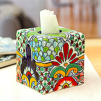 Ceramic tissue box cover, 'Evergreen Hacienda' - Hacienda-Themed Talavera Ceramic Tissue Box Cover in Green