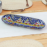 Ceramic platter, 'Talavera Spring' - Spring-Themed Talavera-Style Blue and Yellow Ceramic Platter