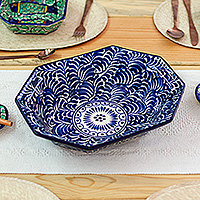 Ceramic serving bowl, 'Royal Talavera' - Baroque-Inspired Leafy Talavera Blue Ceramic Serving Bowl