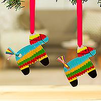 Wood ornaments, 'Donkey Festival' (pair) - Piñata-Themed Donkey-Shaped Colorful Wood Ornament Pair