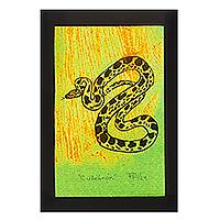 'Green Snake' - Modern Snake-Themed Ink on Paper Wood Block Print