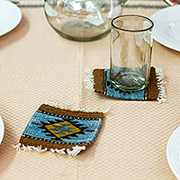 Wool coasters, 'Zapotec Glory' (set of 4) - Artisan-Made Turquoise and Copper 4-Piece Wool Coaster Set