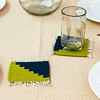 Wool coasters, 'Evergreen Stairs' (set of 4) - Mexican-Made Set of 4 Patterned Lemon and Navy Wool Coasters