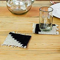 Wool coasters, 'Unique Stairs' (set of 4) - Zapotec Set of 4 Patterned Ivory and Black Wool Coasters