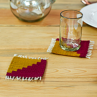 Wool coasters, 'Soiree Stairs' (set of 4) - Handwoven Set of 4 Patterned Amber and Magenta Wool Coasters