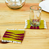 Wool coasters, 'Magenta Peaks' (set of 4) - Handwoven Zapotec 4-Piece Honey and Magenta Wool Coaster Set