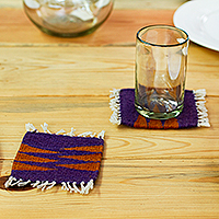 Wool coasters, 'Saffron Peaks' (set of 4) - Traditional 4-Piece Aubergine and Saffron Wool Coaster Set