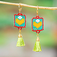 Gold-accented glass beaded dangle earrings, 'Jovial Hearts' - Handcrafted Glass Beaded Dangle Earrings with Green Tassels