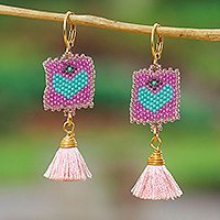 Gold-accented glass beaded dangle earrings, 'Amiable Hearts' - Artisan-Made Glass Beaded Dangle Earrings with Pink Tassels