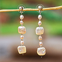 Cultured pearl beaded dangle earrings, 'Square Reef' - Polished Square Natural Cream Cultured Pearl Dangle Earrings