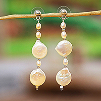 Cultured pearl beaded dangle earrings, 'Spheric Reef' - Natural Cream Cultured Pearl Dangle Earrings Made in Mexico