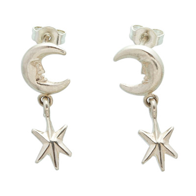 Sterling silver dangle earrings, 'Dream of Midnight' - Night-Themed Moon and Star Sterling Silver Dangle Earrings