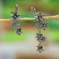 Sterling silver statement dangle earrings, 'Generous Venus' - Floral Oxidized Sterling Silver Statement Dangle Earrings