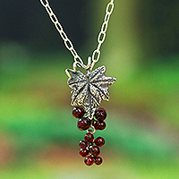 Garnet pendant necklace, 'Blissful Wine' - Wine-Themed Leafy Pendant Necklace with Natural Garnet Beads