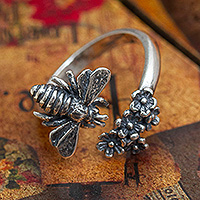 Sterling silver wrap ring, 'Bee Nature' - Bee and Bloom Nature-Inspired Sterling Silver Wrap Ring