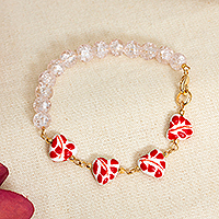 Gold-accented ceramic link bracelet, 'My Red Romance' - Heart-Themed Talavera Red Ceramic and Crystal Link Bracelet