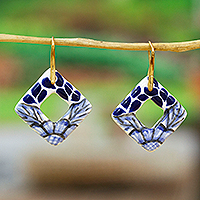 Gold-accented ceramic dangle earrings, 'Cobalt Blue Diamonds' - Leafy Diamond-Shaped Blue Ceramic Talavera Dangle Earrings