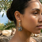 Gold-accented ceramic and crystal dangle earrings, 'Joyous Hats' - Traditional Hat-Themed Ceramic and Crystal Dangle Earrings