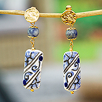 Gold-accented jasper and ceramic dangle earrings, 'Talavera Palace' - Gold-Accented Jasper and Talavera Ceramic Dangle Earrings