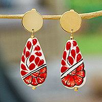 Gold-accented ceramic dangle earrings, 'Passionate Rain' - Floral Red Gold-Accented Drop-Shaped Ceramic Dangle Earrings