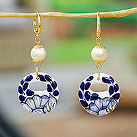 Gold-accented cultured pearl and ceramic dangle earrings, 'Cobalt Eclipse' - Cultured Pearl and Blue Talavera Ceramic Dangle Earrings