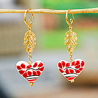 Gold-accented ceramic dangle earrings, 'Talavera Romance' - 14k Gold-Accented Leaf Heart-Shaped Ceramic Dangle Earrings