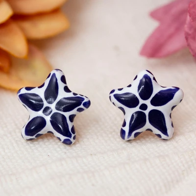 Ceramic button earrings, 'Talavera Constellation' - Mexican-Made Talavera-Inspired Star Ceramic Button Earrings
