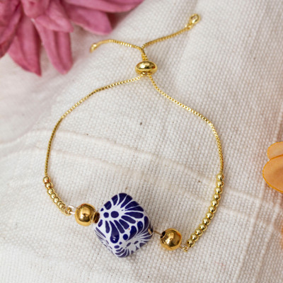 Gold-plated ceramic pendant bracelet, 'Glorious Dimension' - Classic Ceramic Cube Pendant Bracelet with Golden Beads