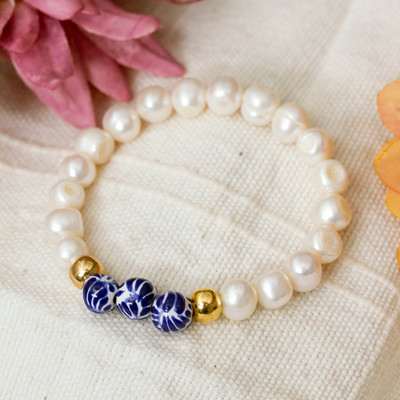 Gold-accented cultured pearl beaded bracelet, 'Pearly White Talavera' - White Cultured Pearl and Talavera Ceramic Beaded Bracelet