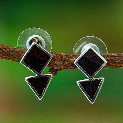 Wood-accented sterling silver button earrings, 'Metropolitan Forest' - Geometric-Inspired Wood and Sterling Silver Button Earrings