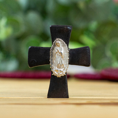 Barro negro and aluminum magnet, 'Guadalupe Cross' - Our Lady of Guadalupe Barro Negro Ceramic Aluminum Magnet