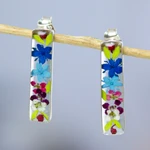 Natural flower drop earrings, 'Rectangular Glam' - Rectangular Drop Earrings with Resin-Coated Natural Flowers