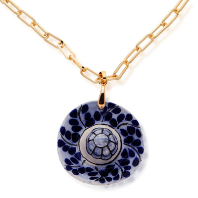 Gold-plated ceramic pendant necklace, 'Endless Blue' - Hand-Painted Talavera 14k Gold-Accented Pendant Necklace